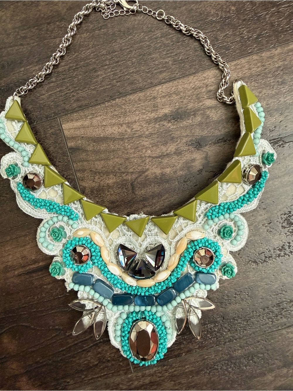 Statement Bib Necklace Beaded Rhinestone Lace Collar Turquoise Boho Festival Y2K